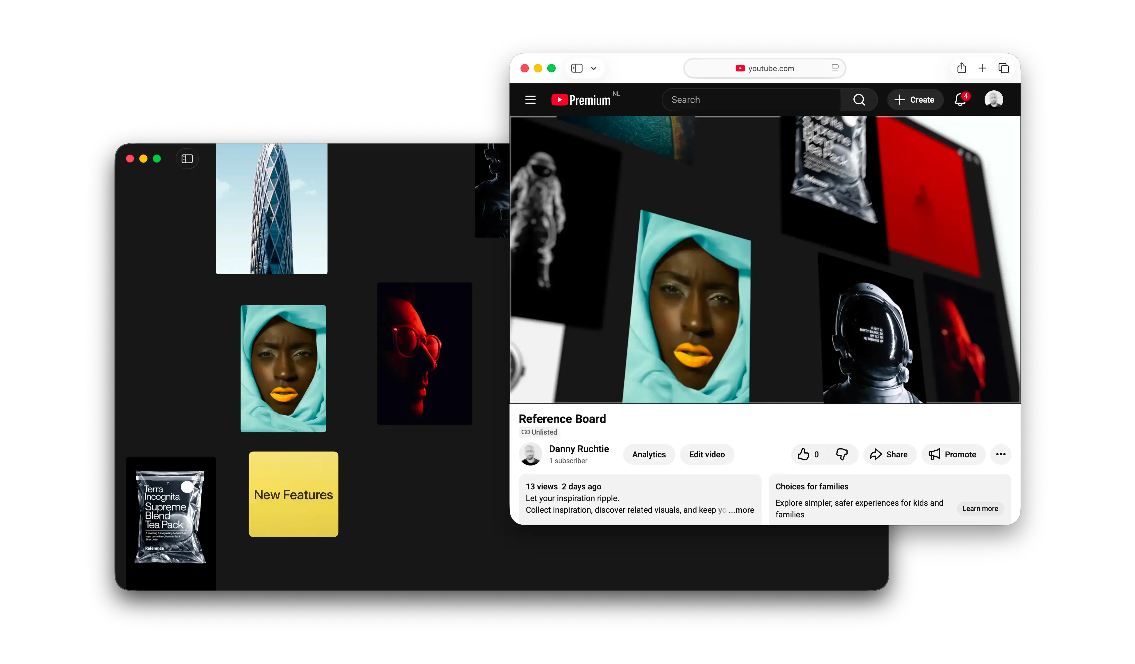 Reference Board showing a YouTube video beside a mood board canvas