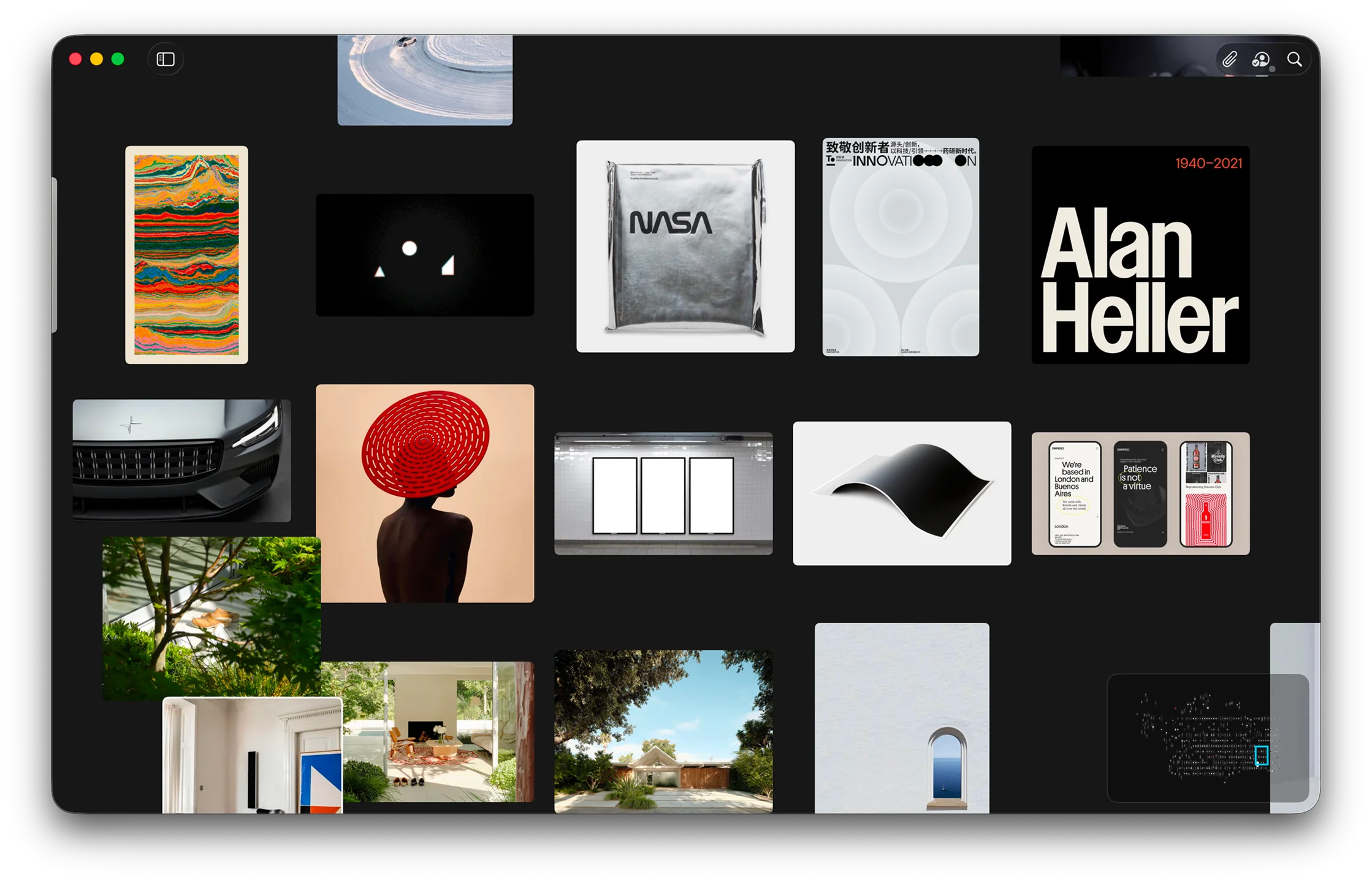Reference Board showing a moodboard canvas with a browser reference