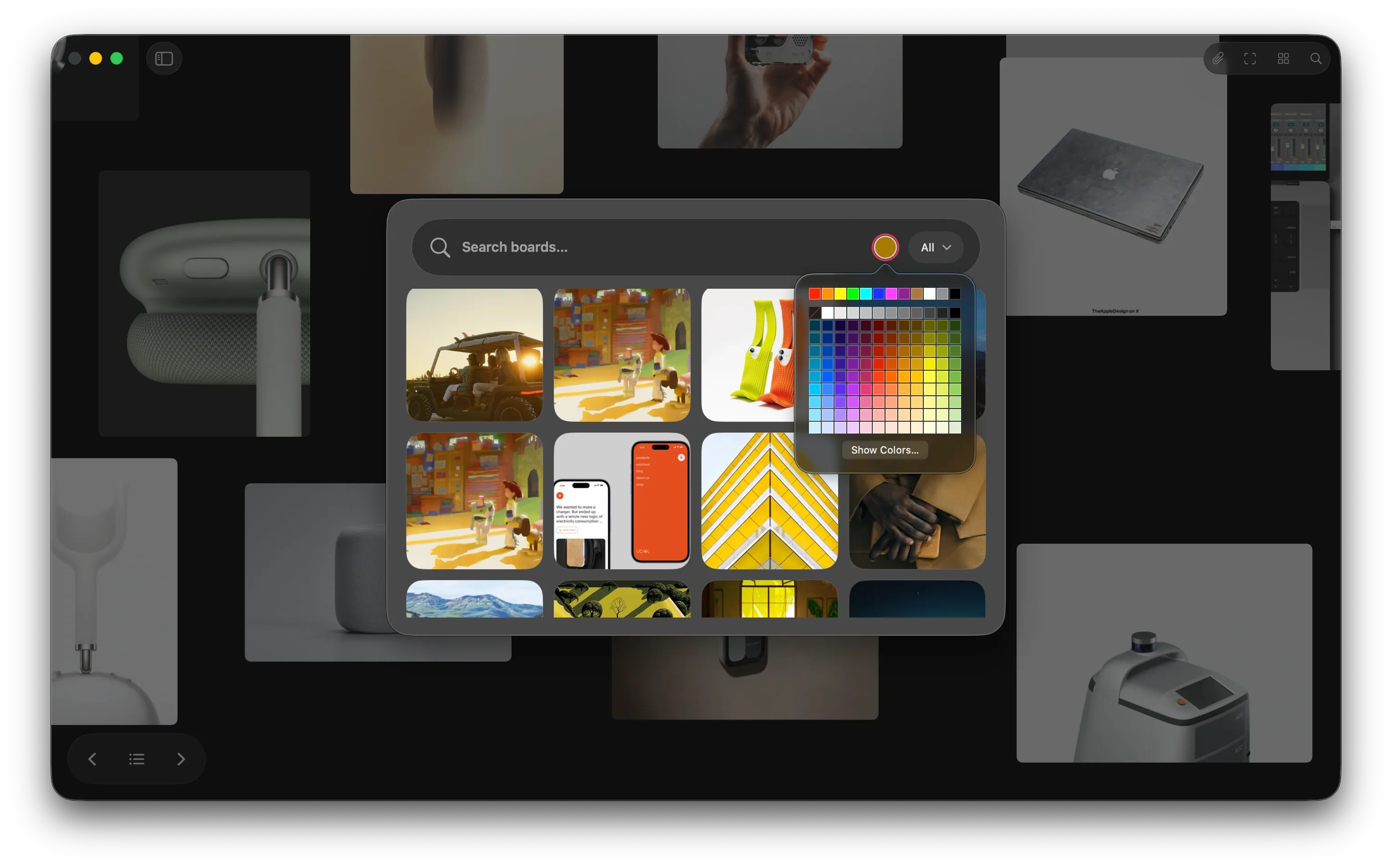 Reference Board showing visual search results across a library