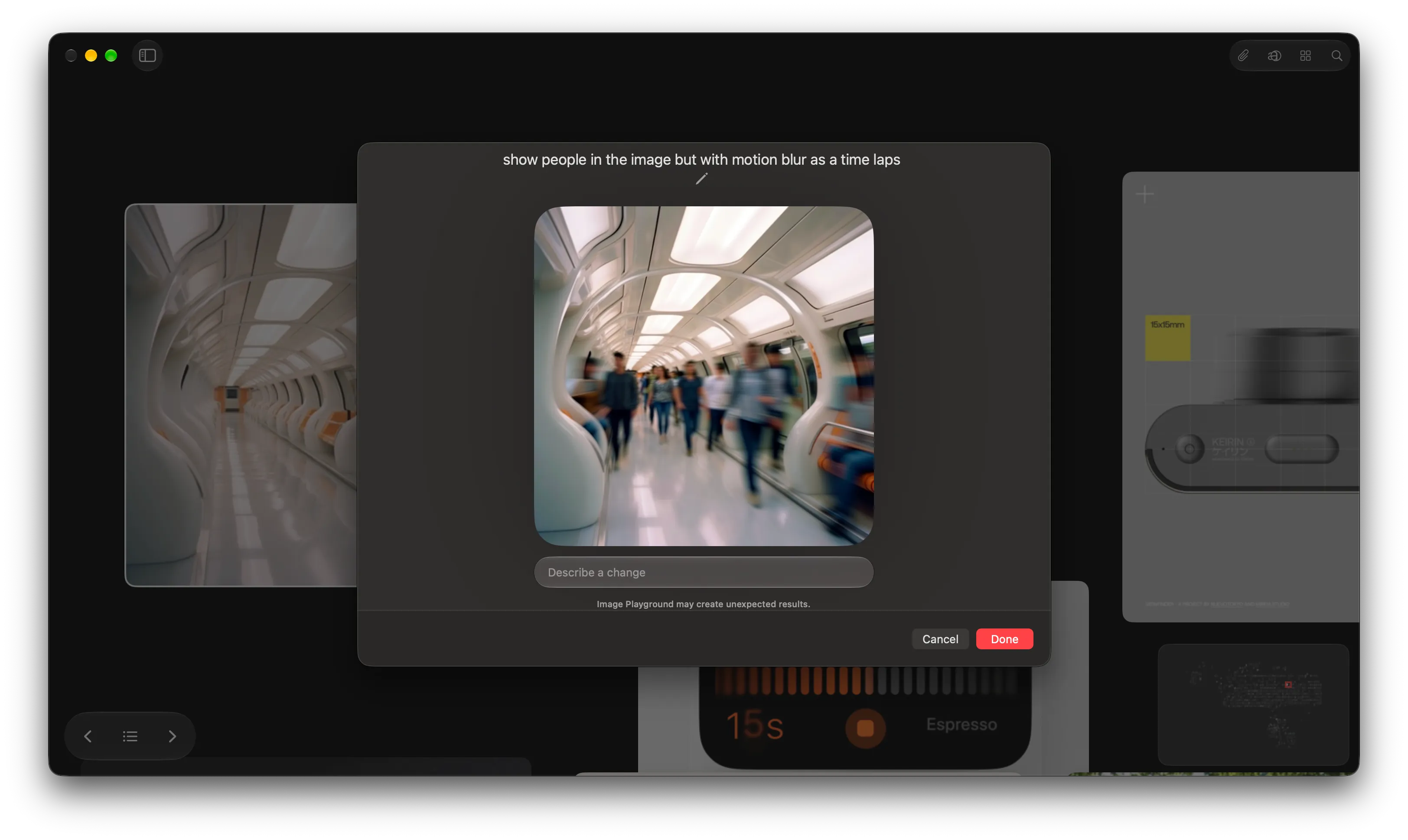 The generated train interior with people in motion and a field for requesting another change.
