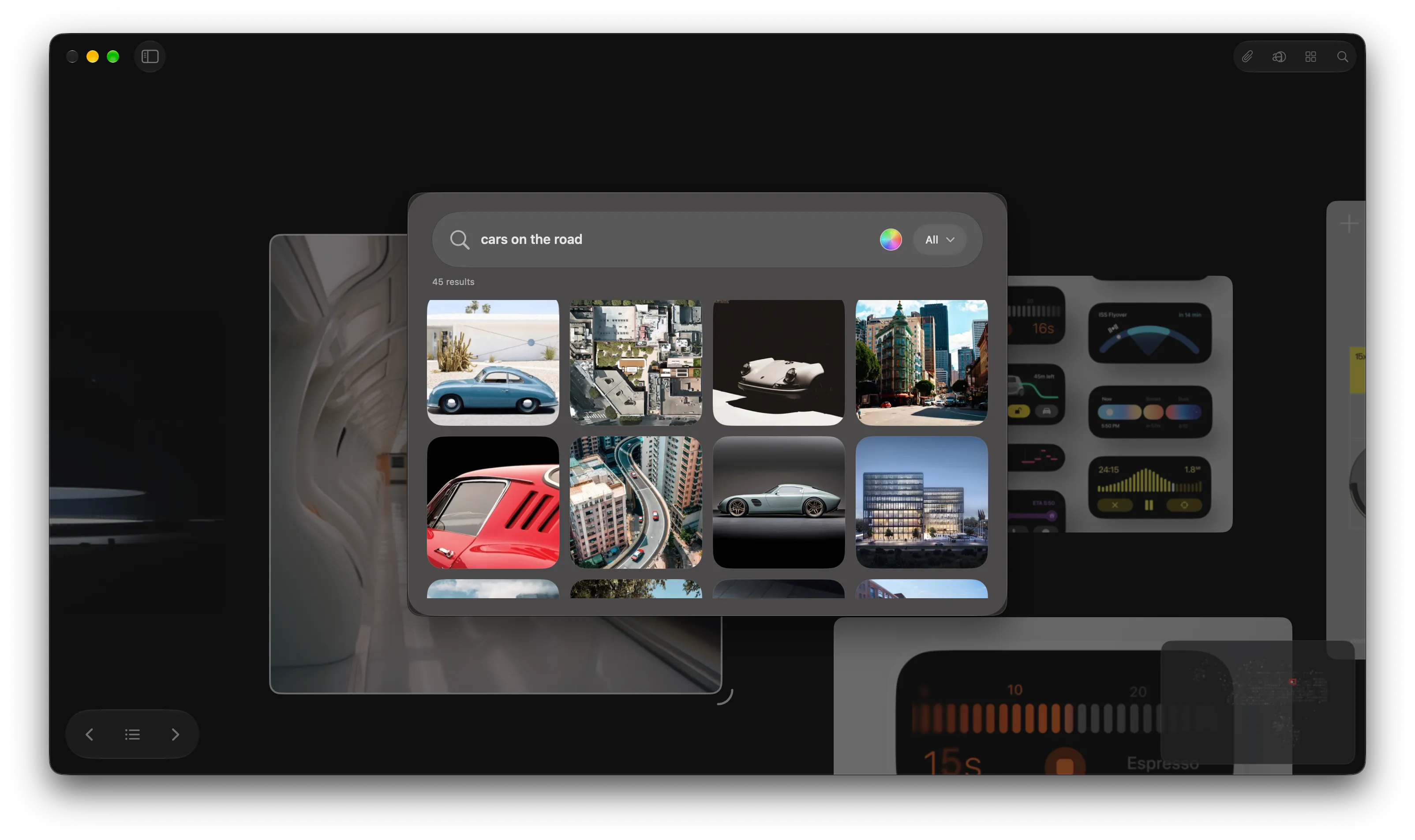 Natural-language search for cars on the road, showing saved references in a grid.