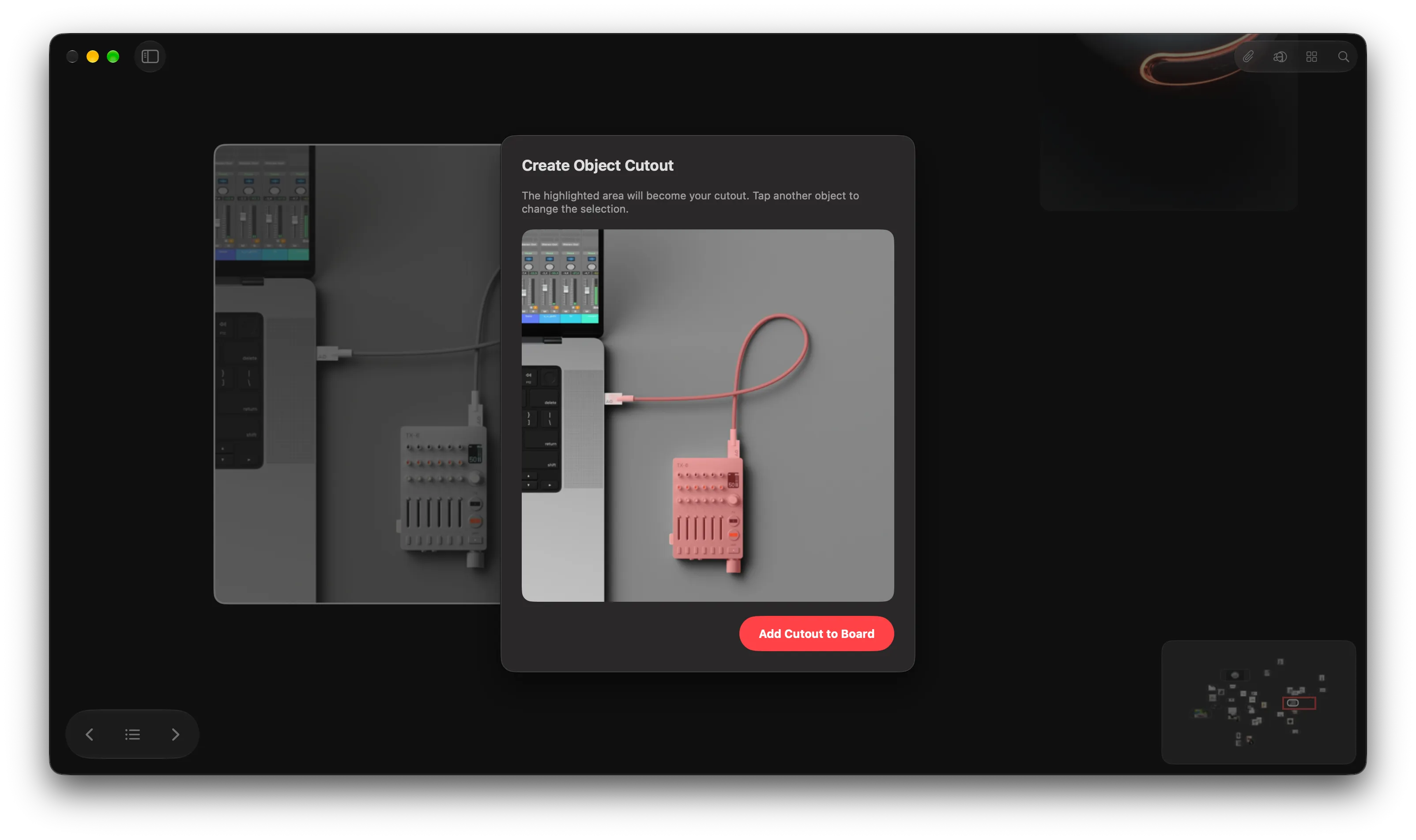 An audio mixer and its cable highlighted in the Create Object Cutout preview.