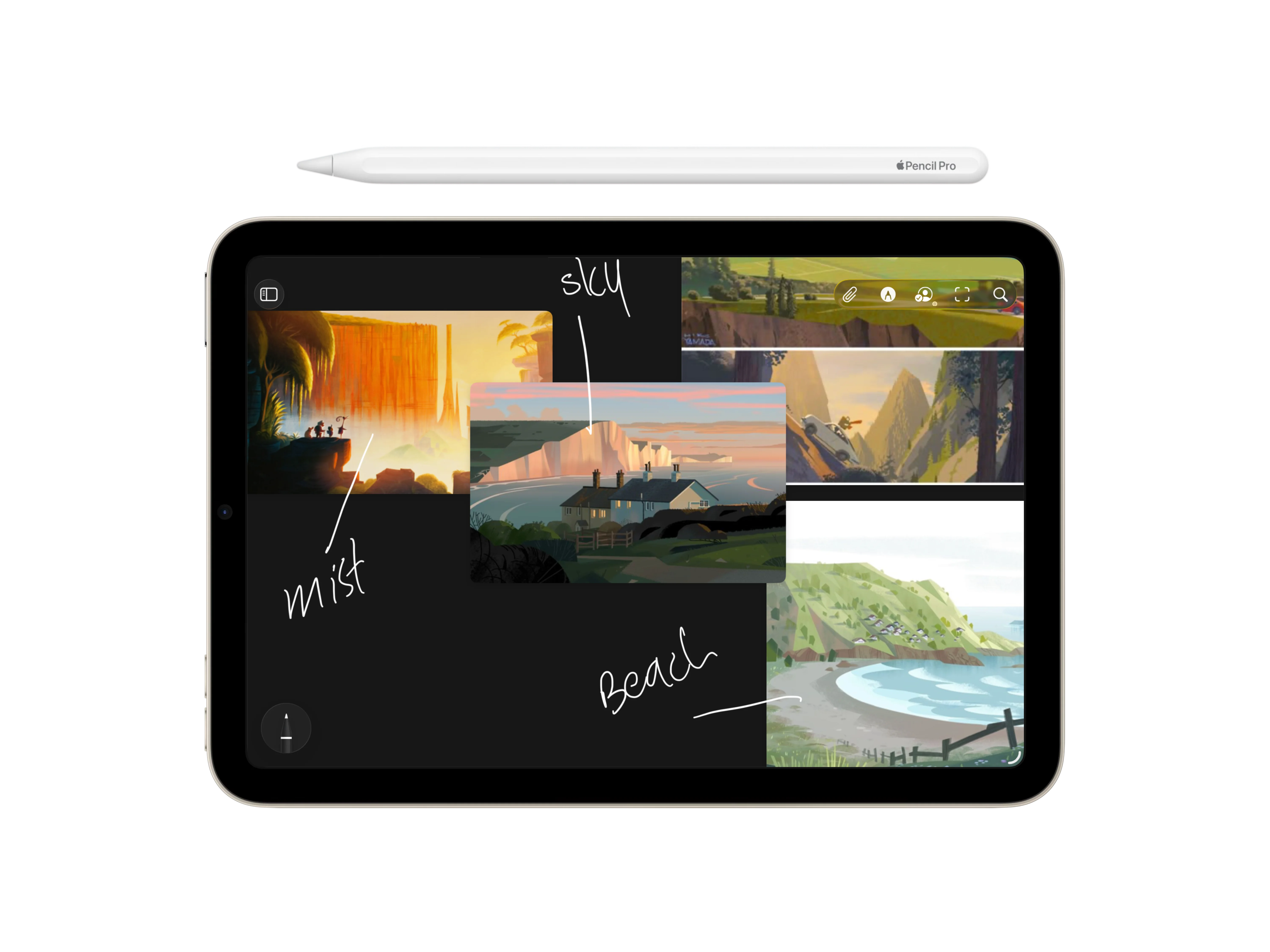 Reference Board on iPad with handwritten Apple Pencil annotations on a canvas