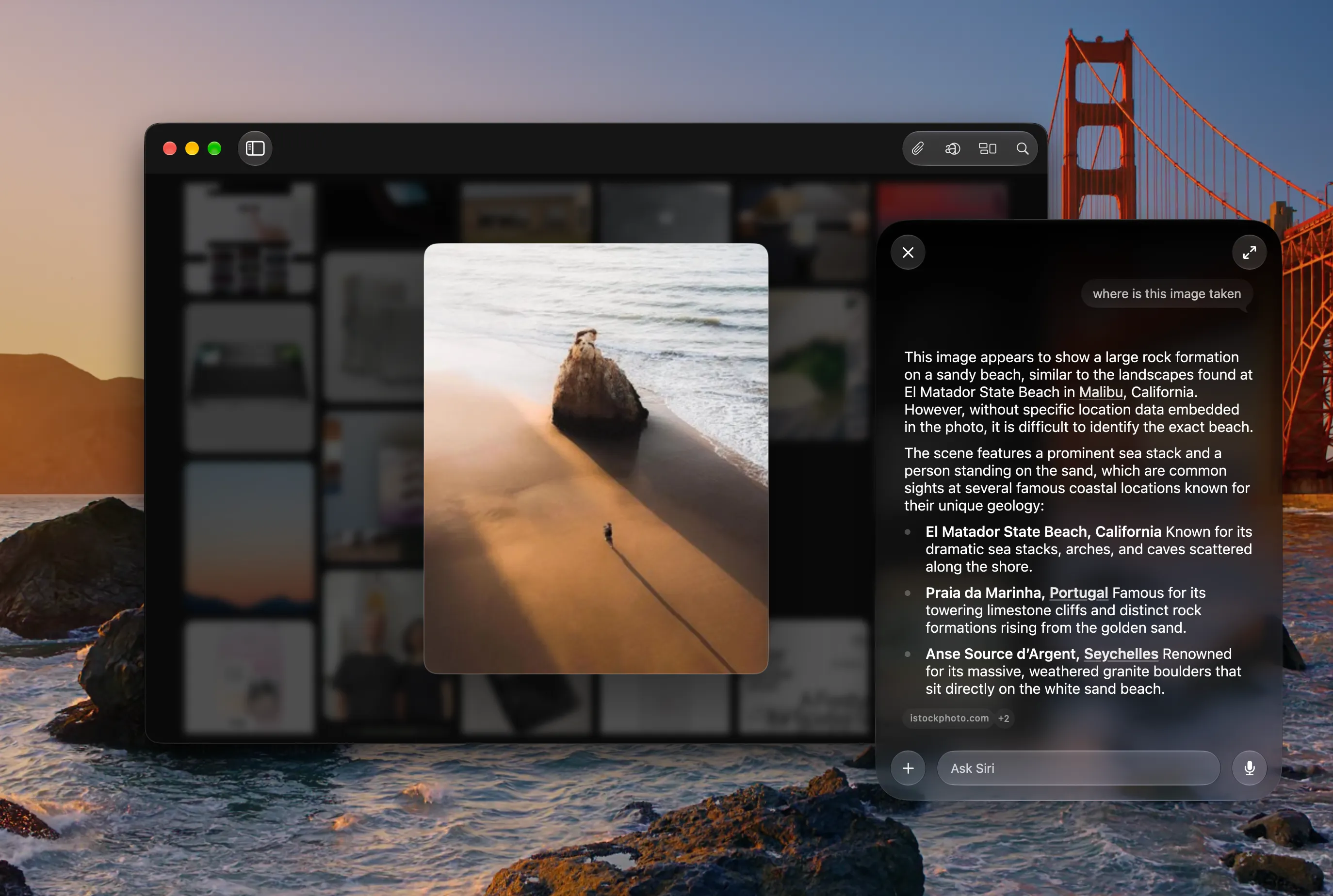 Siri answering a question about the location shown in a selected beach photograph in Reference.