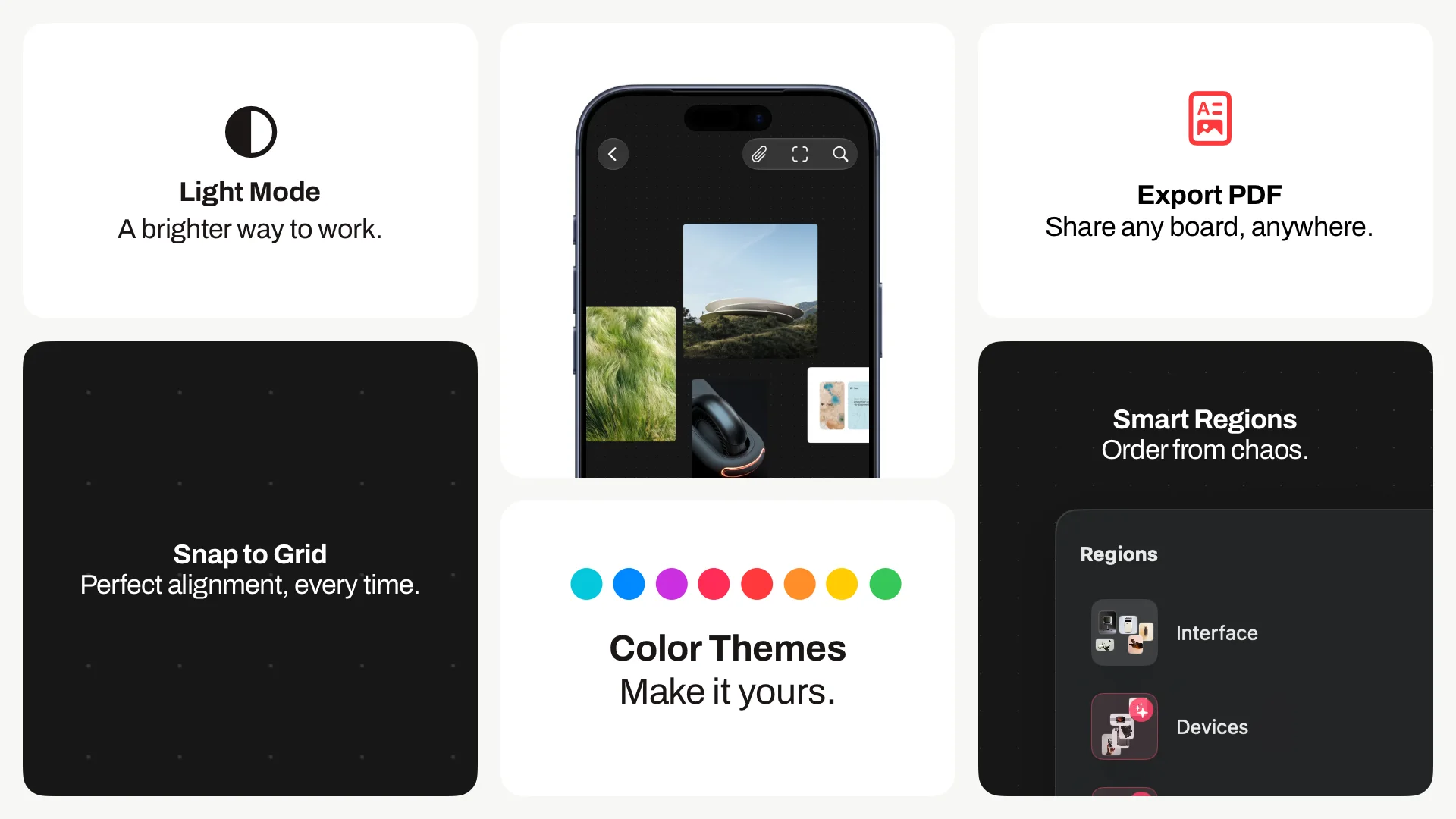 Reference Board update showing light mode, color themes, Snap to Grid, Export PDF, and Smart Regions