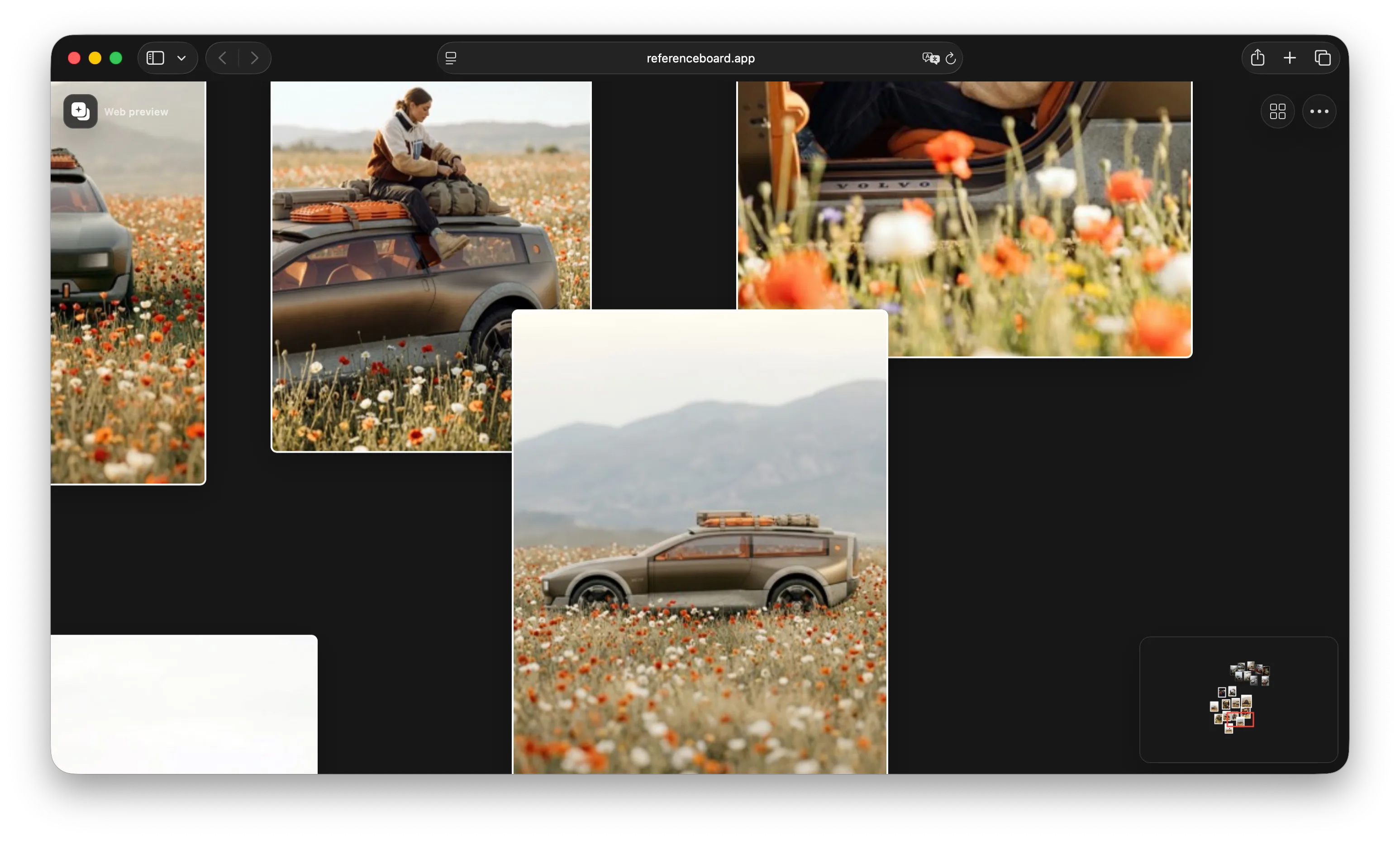 A published Reference board with car concept images open as a web preview in Safari