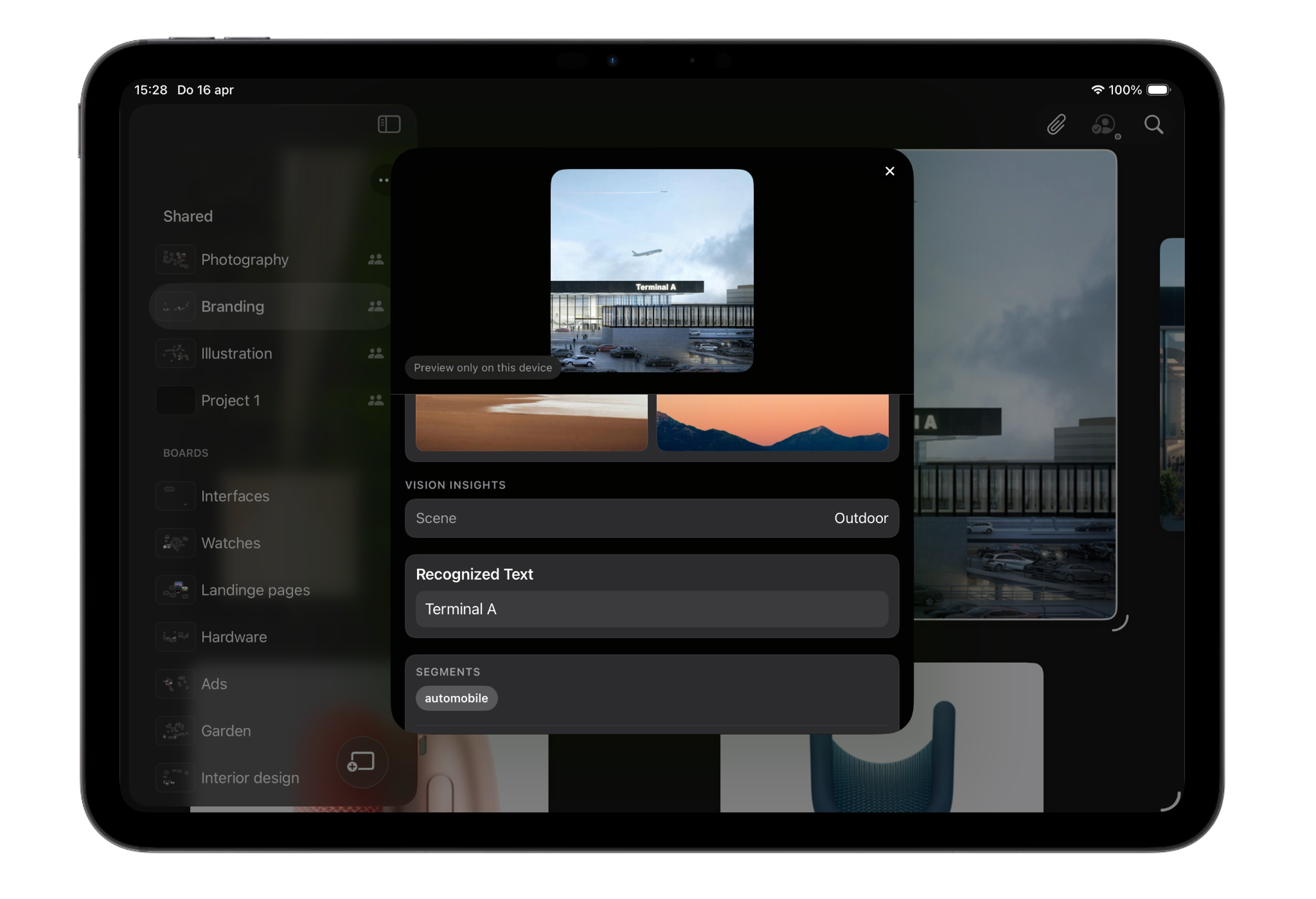 Reference Board iPad detail inspector with recognized text and segments