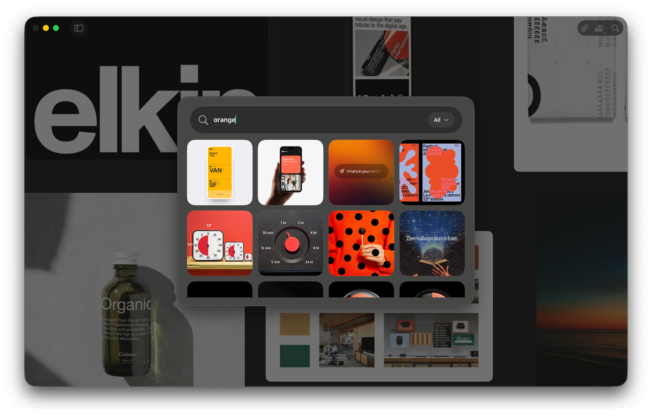 Reference Board search results floating above a large board on Mac