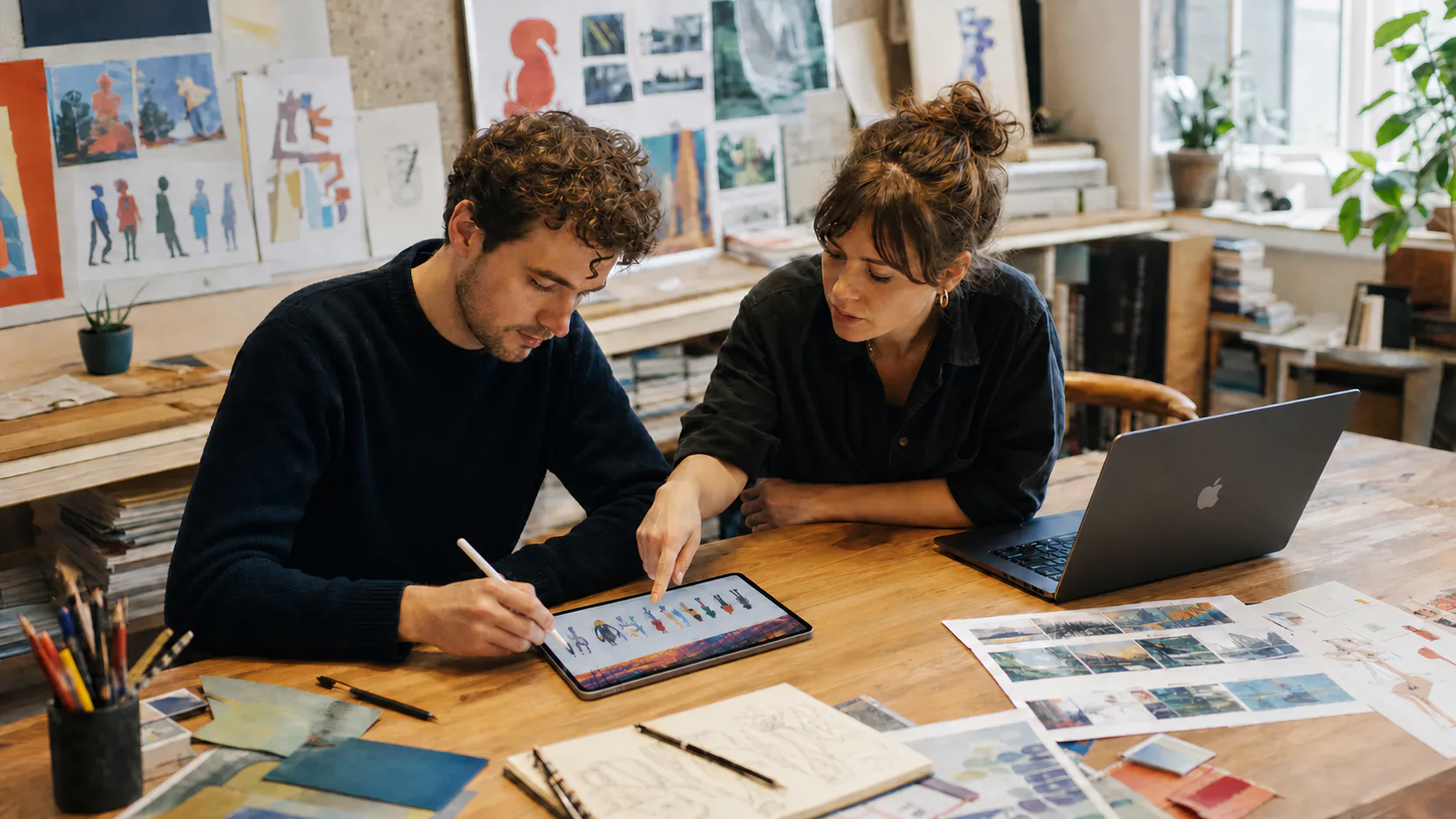 Animation artists reviewing colorful character studies together