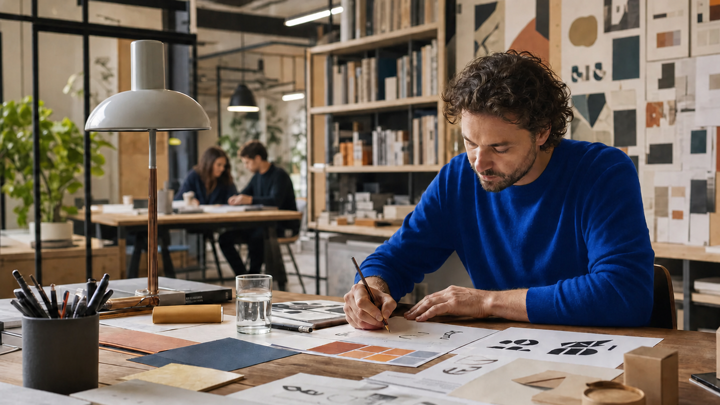 Brand designer arranging logo, typography, color, packaging, and material studies inside a working creative agency