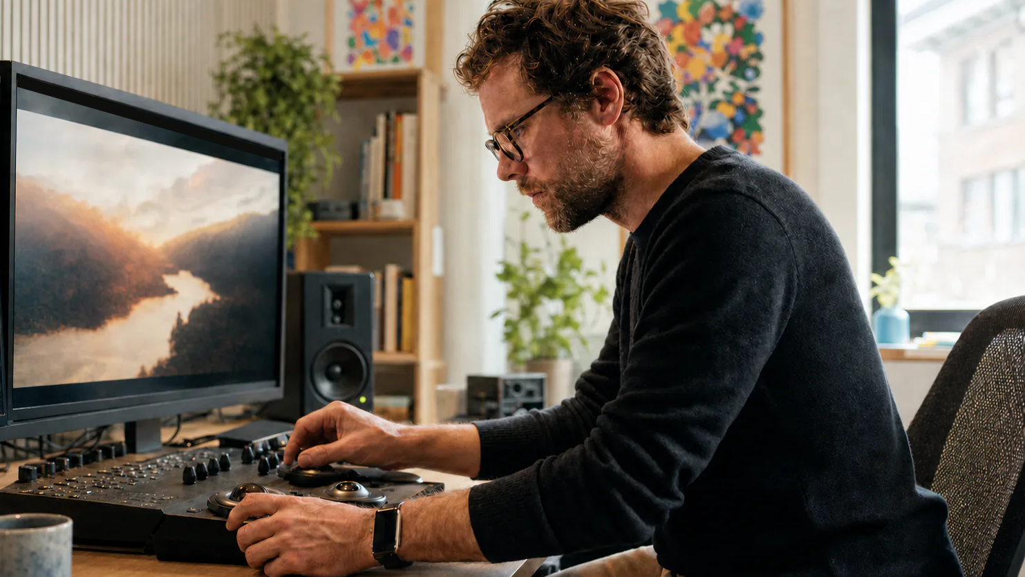 Colorist comparing cinematic stills in a modern post-production studio