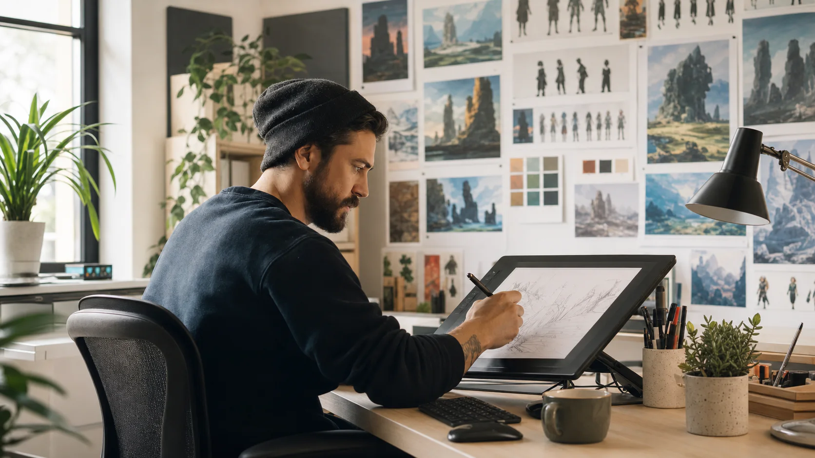 Concept artist developing a game environment on a pen display