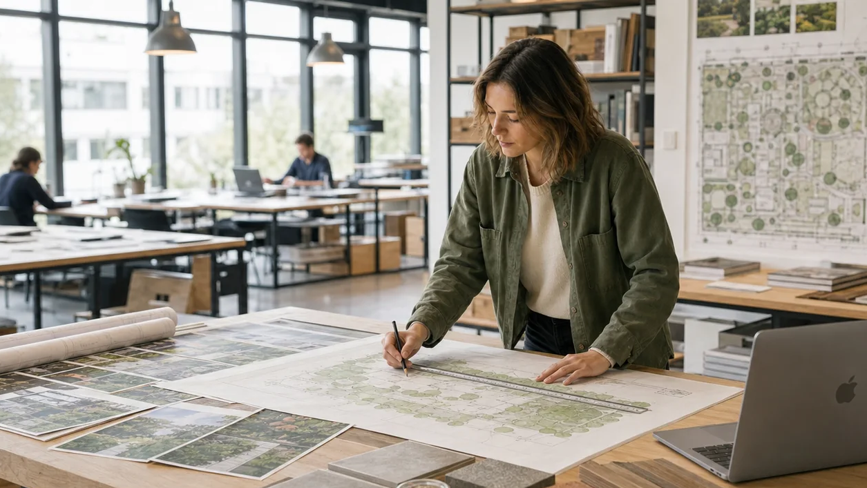 Garden designer standing at a drafting table with planting plans, photographs, soil, stone, timber, and paving samples