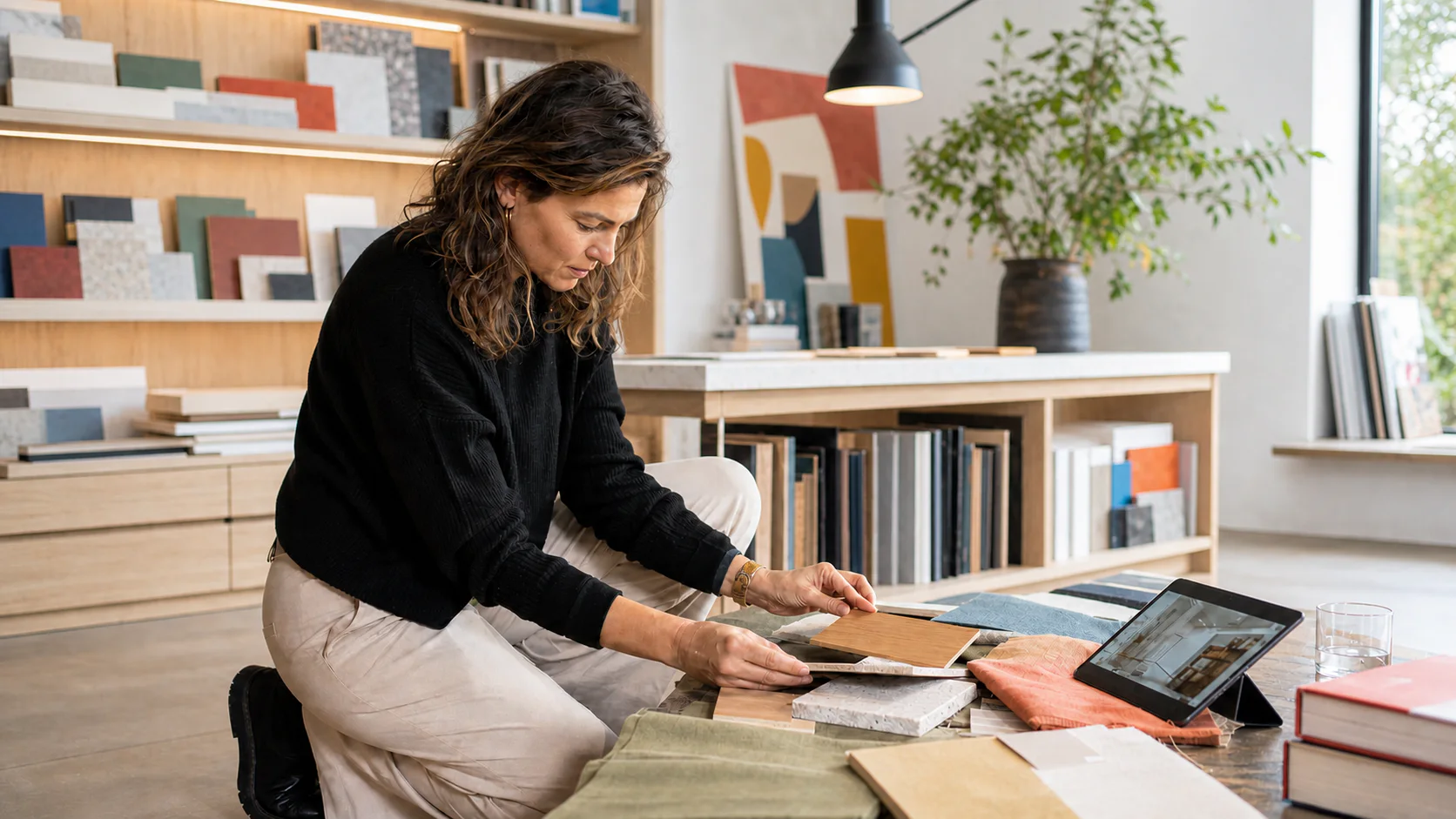 Interior designer comparing material samples in a modern studio